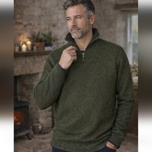 Irelandseye 100% Lambswool Men's Large Green/Gray Quarter-Zip Sweater